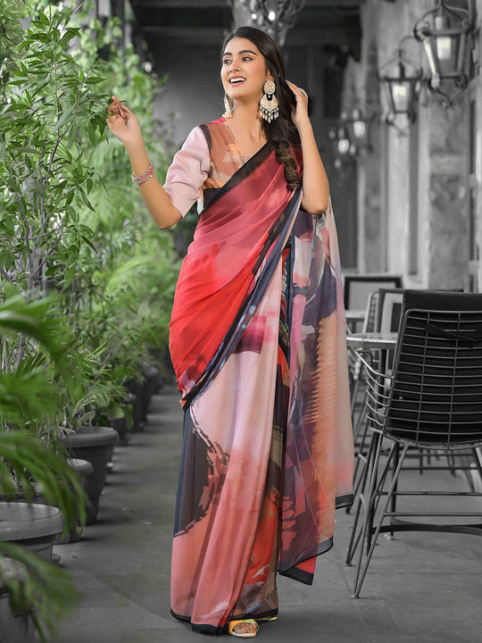 Red Georgette Ready To Wear Saree