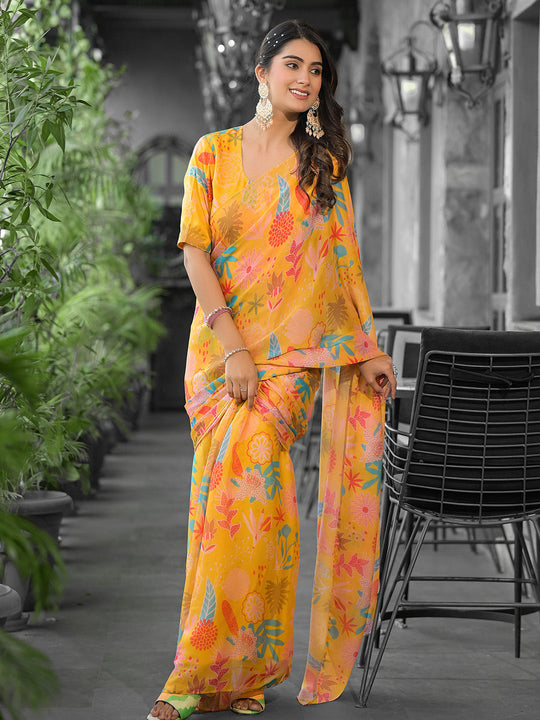 Yellow Georgette Ready To Wear Saree