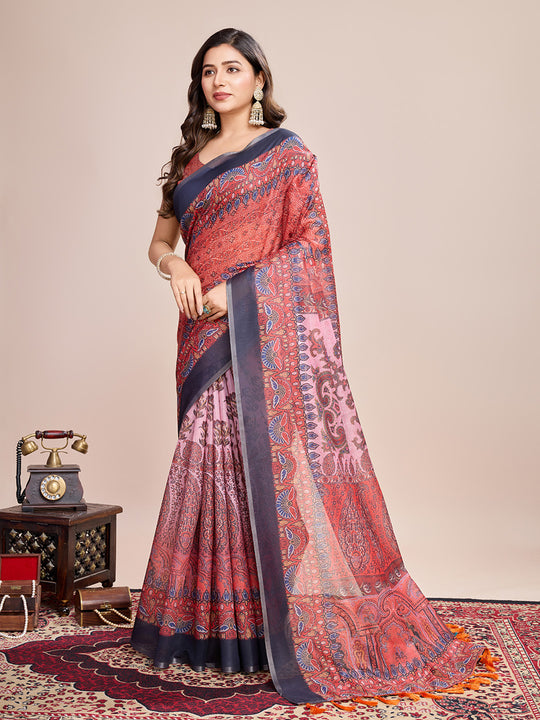 Orange Linen Blend Saree With Blouse Piece