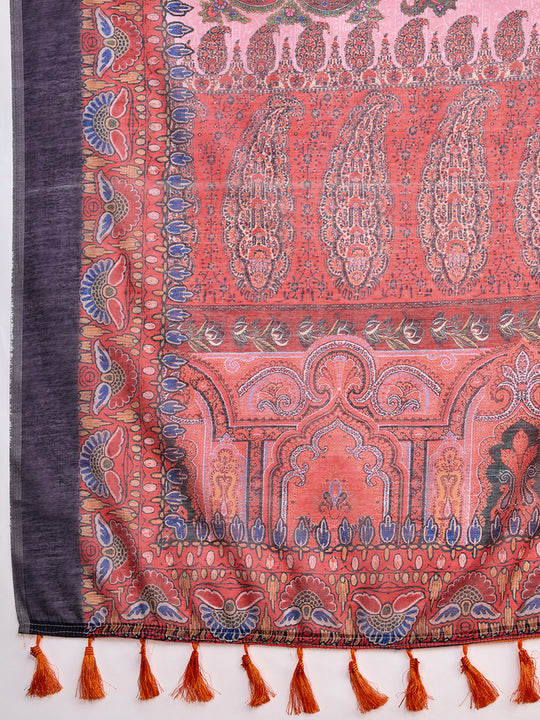 Orange Linen Blend Saree With Blouse Piece