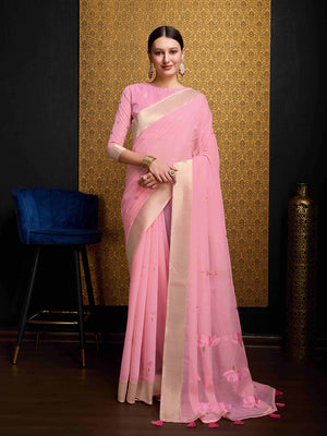 Pink Linen Festive Wear Saree With Blouse Piece