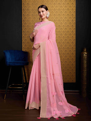 Pink Linen Festive Wear Saree With Blouse Piece