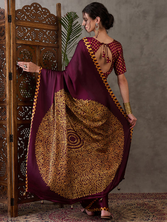 Wine Semi Modal Saree With Blouse Piece