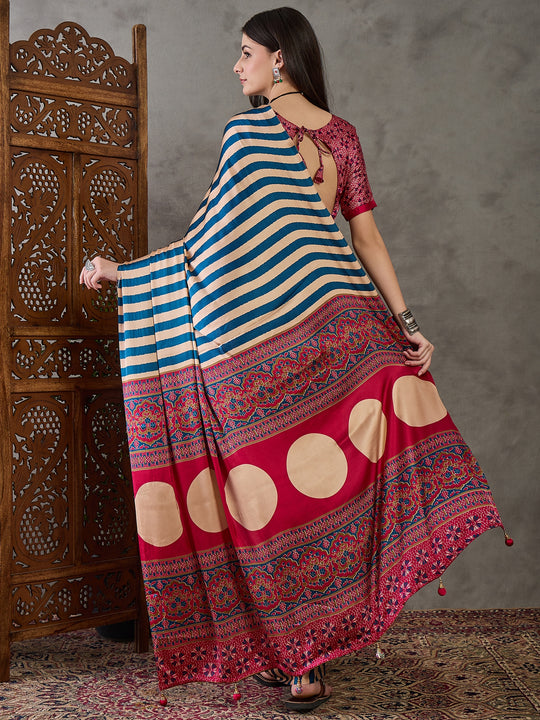 Blue Semi Modal Saree With Blouse Piece