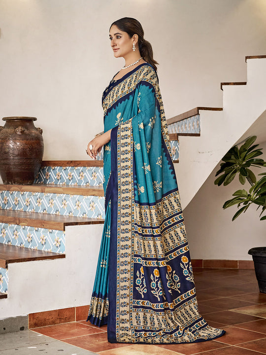 Sky Blue Mulmul Cottons Saree With Blouse Piece