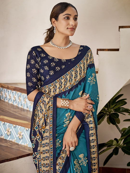 Sky Blue Mulmul Cottons Saree With Blouse Piece