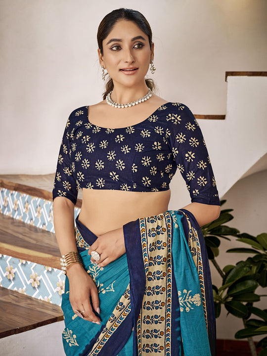 Sky Blue Mulmul Cottons Saree With Blouse Piece