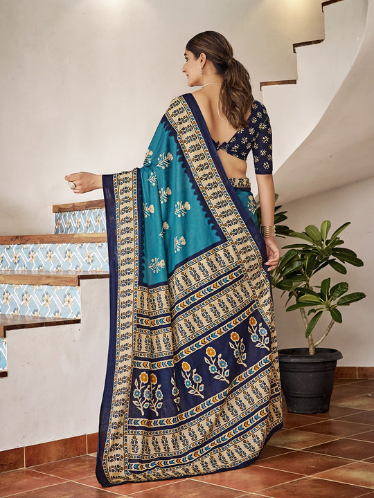 Sky Blue Mulmul Cottons Saree With Blouse Piece