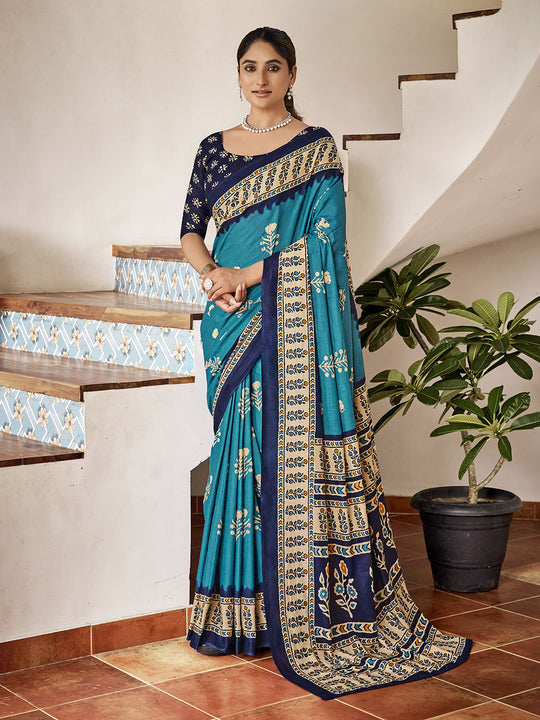 Sky Blue Mulmul Cottons Saree With Blouse Piece