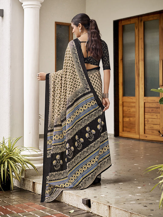 Cream Mulmul Cottons Saree With Blouse Piece