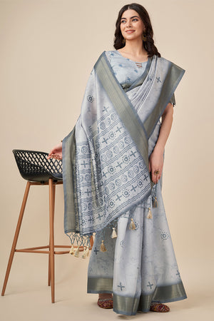 Grey Silk Saree With Blouse Piece