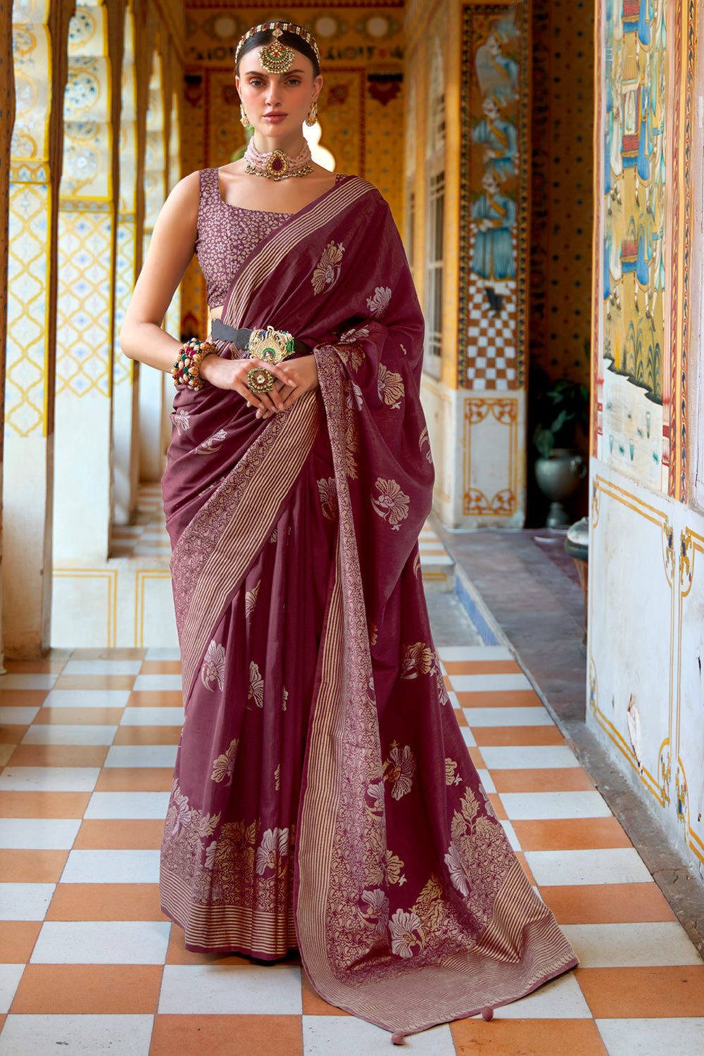 Buy Party Wear Wine Stone Work Brocade Silk Saree Online From Surat  Wholesale Shop.