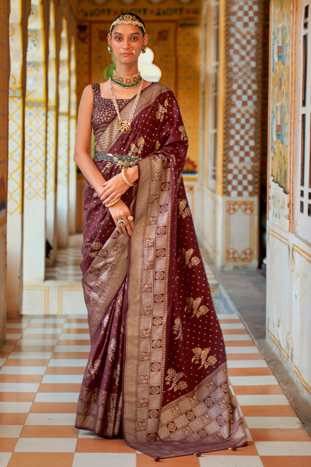 Maroon Soft Litchi Banarasi Silk Sarees And Rich Weaving Work Pallu With  Grey Blouse  Designer Latest Ethnic Wear For Indian Women