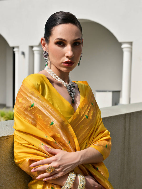 Yellow Paithani Silk Saree With Blouse Piece