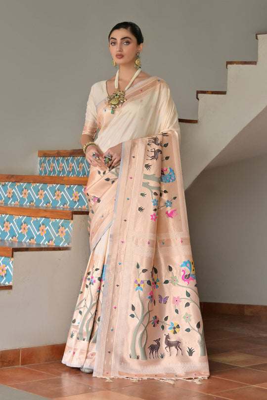 Cream Paithani Silk Saree With Blouse Piece