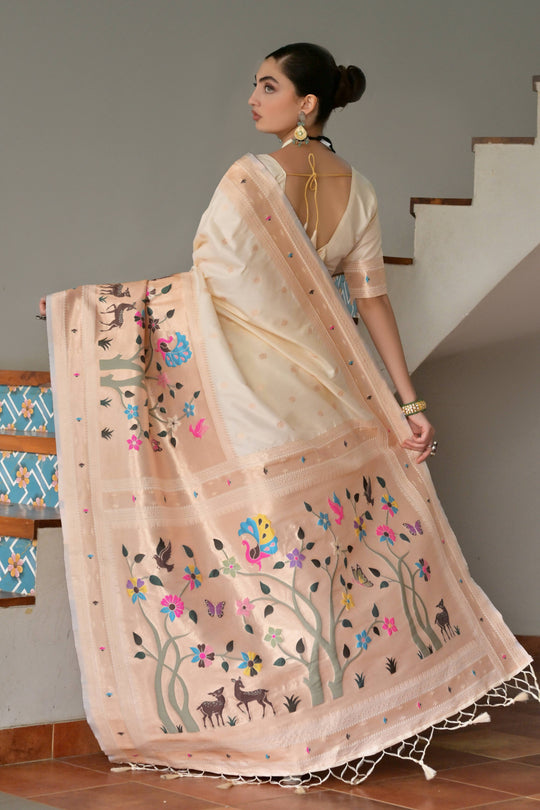 Cream Paithani Silk Saree With Blouse Piece