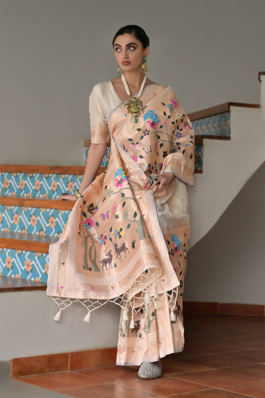 Cream Paithani Silk Saree With Blouse Piece