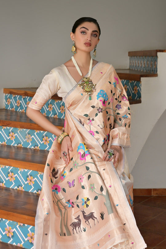 Cream Paithani Silk Saree With Blouse Piece