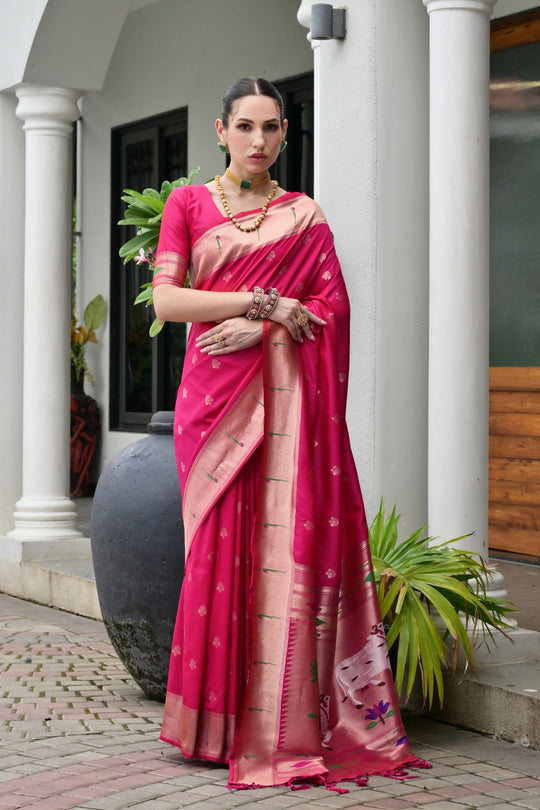 Pink Paithani Silk Saree With Blouse Piece