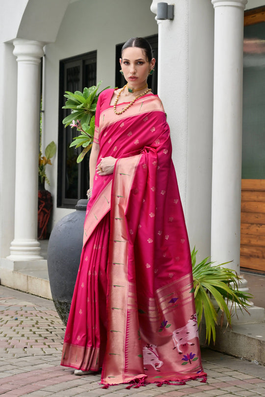Pink Paithani Silk Saree With Blouse Piece