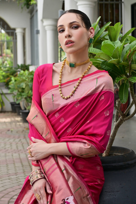 Pink Paithani Silk Saree With Blouse Piece