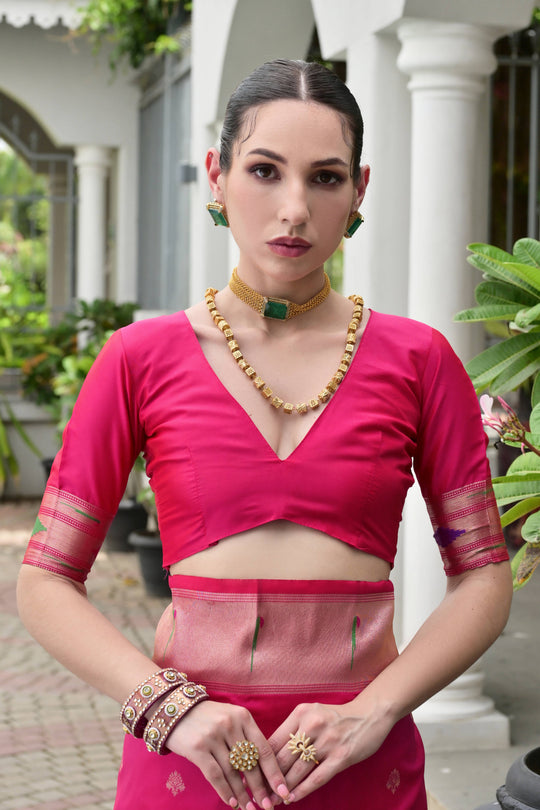 Pink Paithani Silk Saree With Blouse Piece