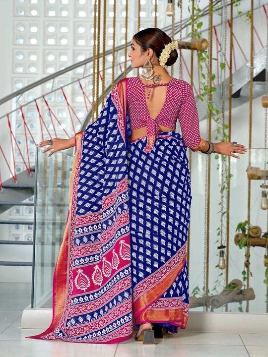 Blue Pure Cotton Mulmul Buti Hand Block Print With Hevay Zari Bodar Saree With Blouse Piece