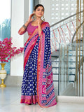 Blue Pure Cotton Mulmul Buti Hand Block Print With Hevay Zari Bodar Saree With Blouse Piece