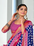 Blue Pure Cotton Mulmul Buti Hand Block Print With Hevay Zari Bodar Saree With Blouse Piece