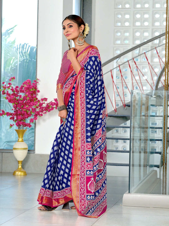 Blue Pure Cotton Mulmul Buti Hand Block Print With Hevay Zari Bodar Saree With Blouse Piece
