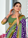 Purple Pure Cotton Mulmul Buti Hand Block Print With Hevay Zari Bodar Saree With Blouse Piece