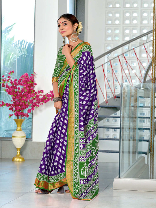 Purple Pure Cotton Mulmul Buti Hand Block Print With Hevay Zari Bodar Saree With Blouse Piece