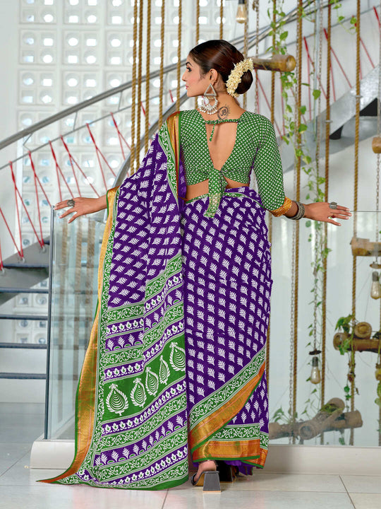 Purple Pure Cotton Mulmul Buti Hand Block Print With Hevay Zari Bodar Saree With Blouse Piece