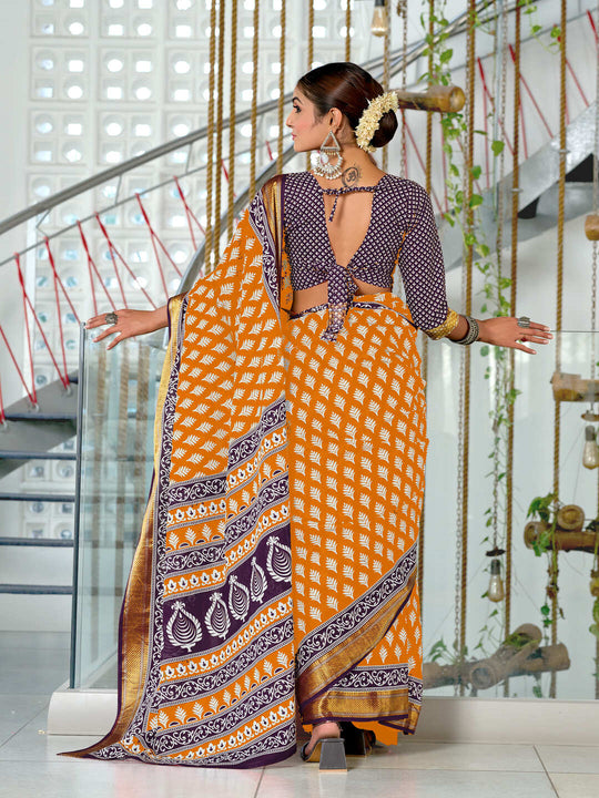 Mustard Pure Cotton Mulmul Buti Hand Block Print With Hevay Zari Bodar Saree With Blouse Piece