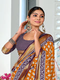 Mustard Pure Cotton Mulmul Buti Hand Block Print With Hevay Zari Bodar Saree With Blouse Piece