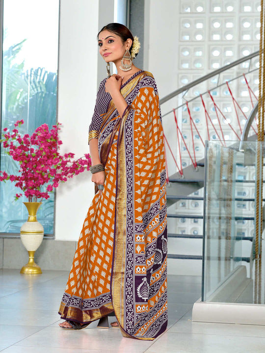 Mustard Pure Cotton Mulmul Buti Hand Block Print With Hevay Zari Bodar Saree With Blouse Piece