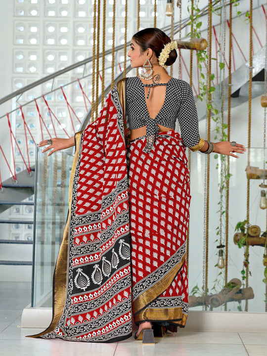 Red Pure Cotton Mulmul Buti Hand Block Print With Hevay Zari Bodar Saree With Blouse Piece