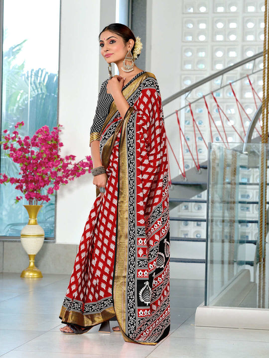 Red Pure Cotton Mulmul Buti Hand Block Print With Hevay Zari Bodar Saree With Blouse Piece