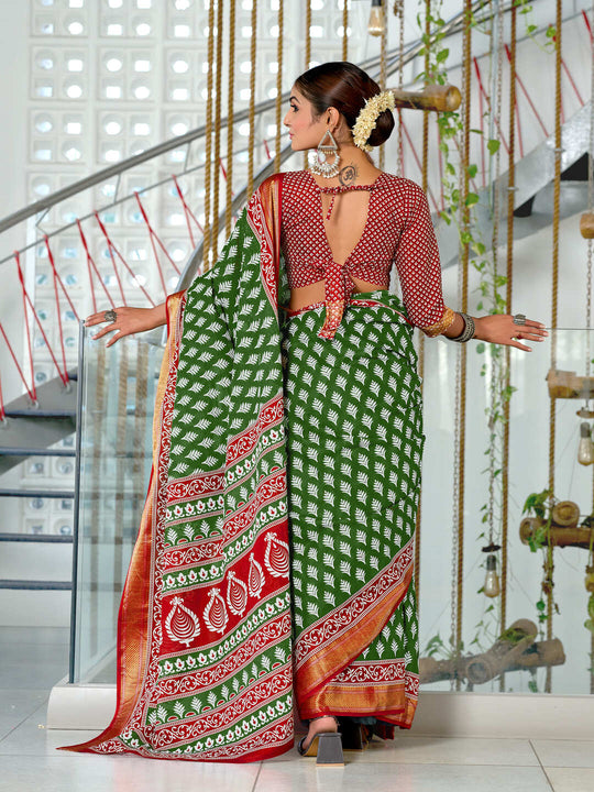 Green Pure Cotton Mulmul Buti Hand Block Print With Hevay Zari Bodar Saree With Blouse Piece
