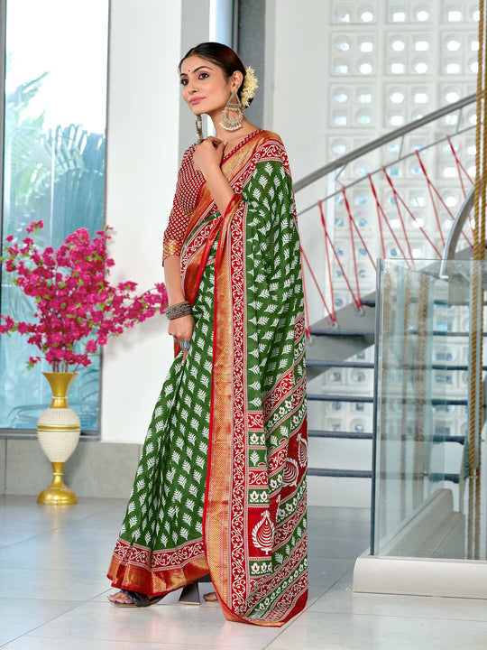 Green Pure Cotton Mulmul Buti Hand Block Print With Hevay Zari Bodar Saree With Blouse Piece