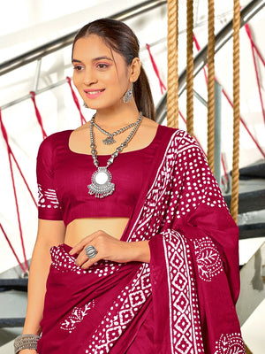 Red Batik Block Print Mulmul Cotton Saree With Blouse Piece