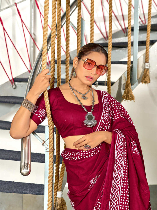 Red Batik Block Print Mulmul Cotton Saree With Blouse Piece