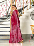 Red Batik Block Print Mulmul Cotton Saree With Blouse Piece