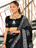 Black Batik Block Print Mulmul Cotton Saree With Blouse Piece