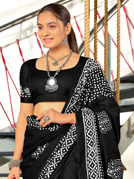 Black Batik Block Print Mulmul Cotton Saree With Blouse Piece