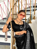 Black Batik Block Print Mulmul Cotton Saree With Blouse Piece