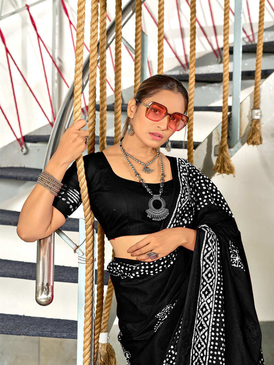 Black Batik Block Print Mulmul Cotton Saree With Blouse Piece