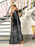 Black Batik Block Print Mulmul Cotton Saree With Blouse Piece