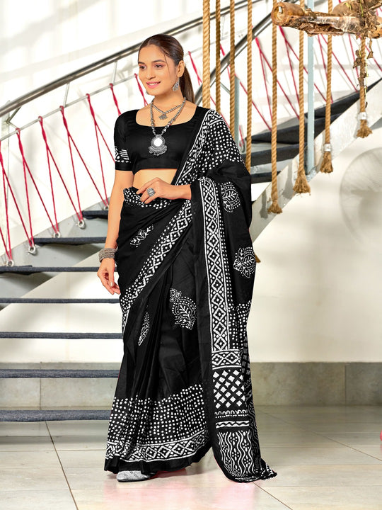 Black Batik Block Print Mulmul Cotton Saree With Blouse Piece
