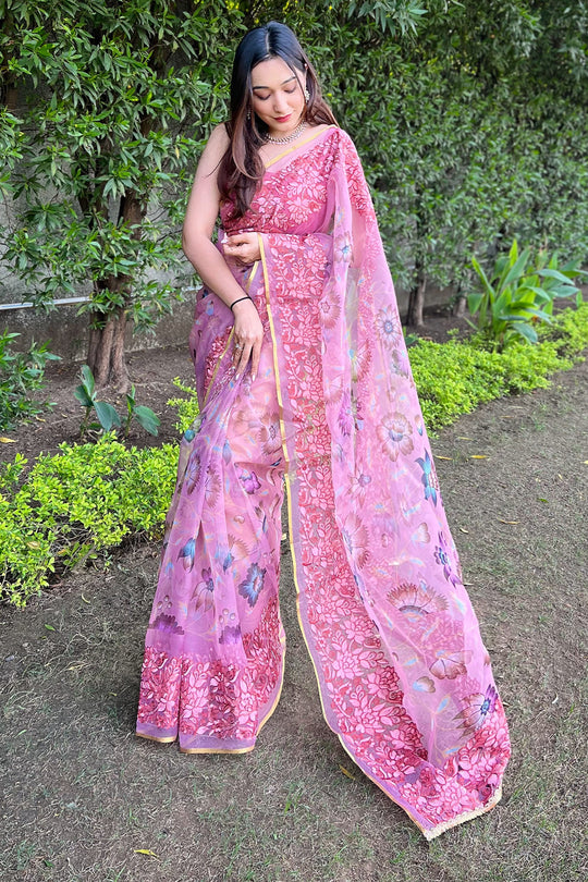 Pink Organza Saree with Red Blouse Piece